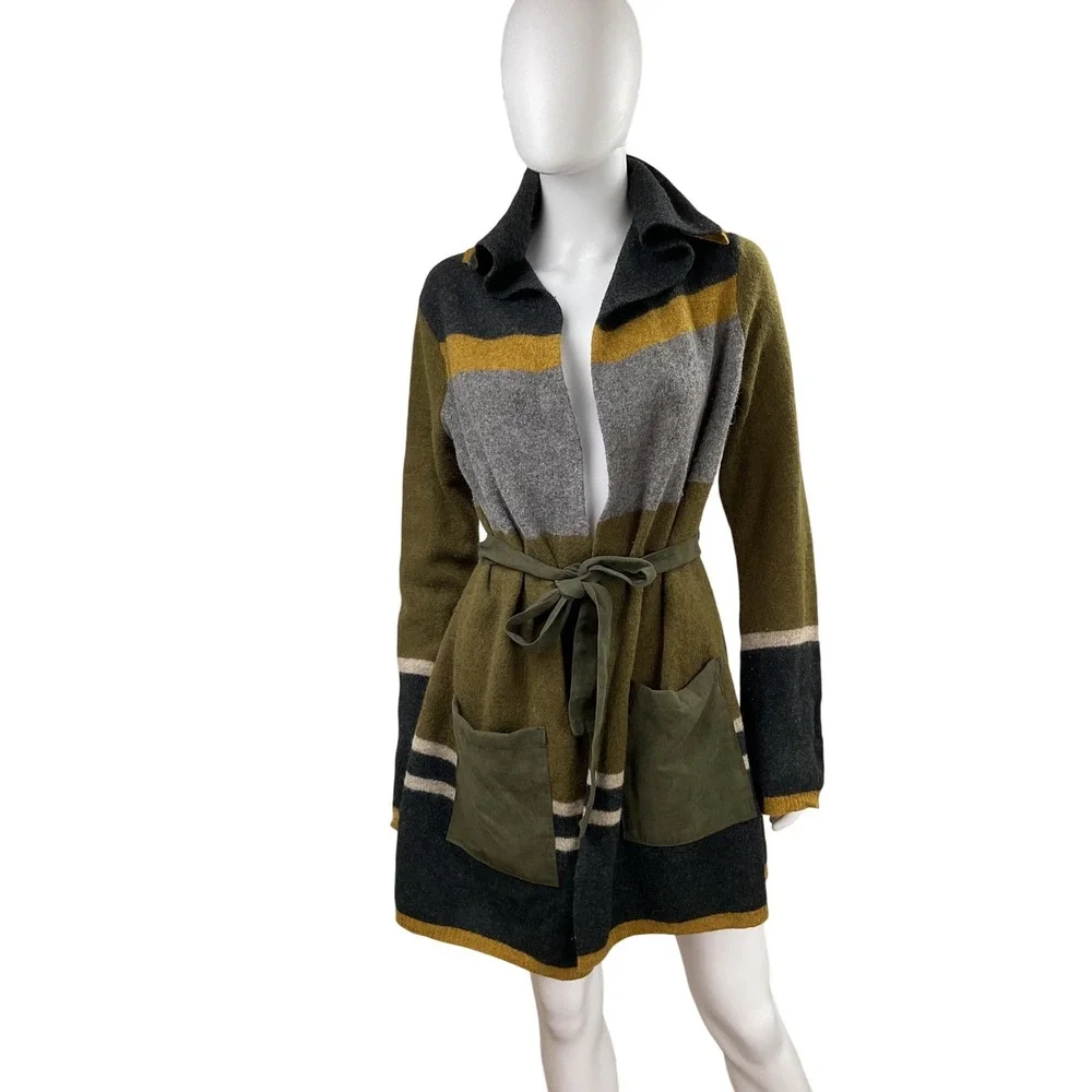Angel of the North Striped Belted Cardigan Sweater Olive‎ Green Grey Mustard M